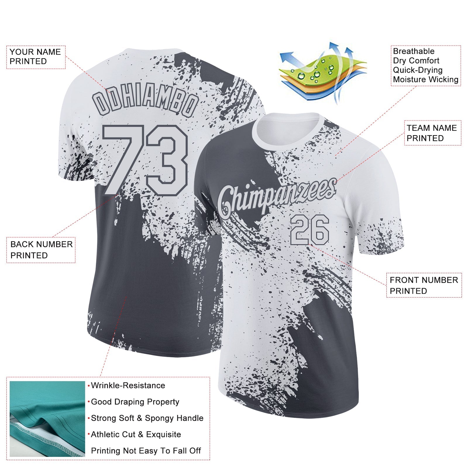Custom White Steel Gray 3D Pattern Design Abstract Brush Stroke Performance T-Shirt view 2