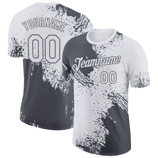 Custom White Steel Gray 3D Pattern Design Abstract Brush Stroke Performance T-Shirt - Main View