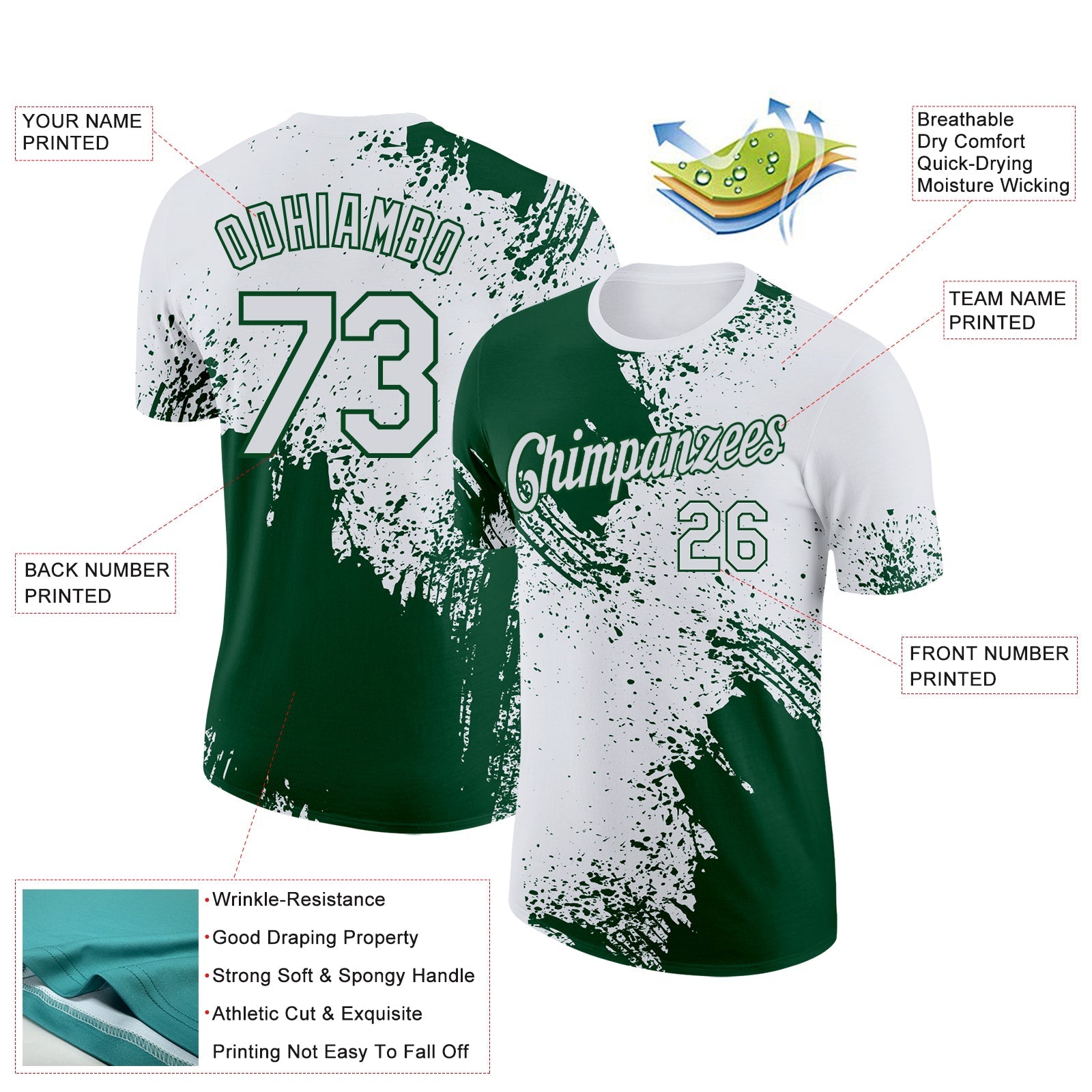 Custom White Green 3D Pattern Design Abstract Brush Stroke Performance T-Shirt view 2