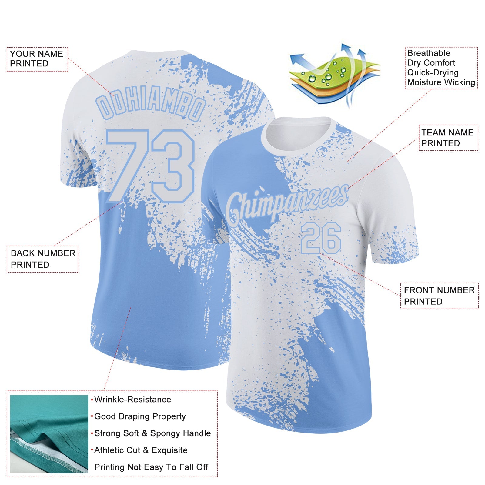 Custom White Light Blue 3D Pattern Design Abstract Brush Stroke Performance T-Shirt view 2