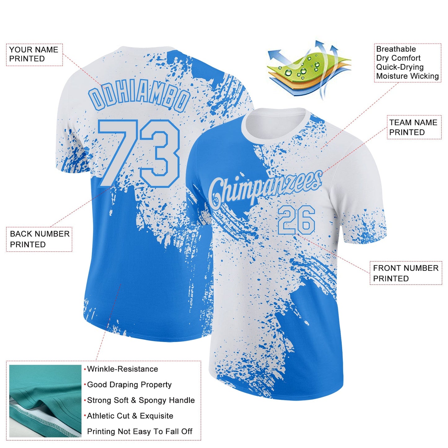 Custom White Powder Blue 3D Pattern Design Abstract Brush Stroke Performance T-Shirt view 2