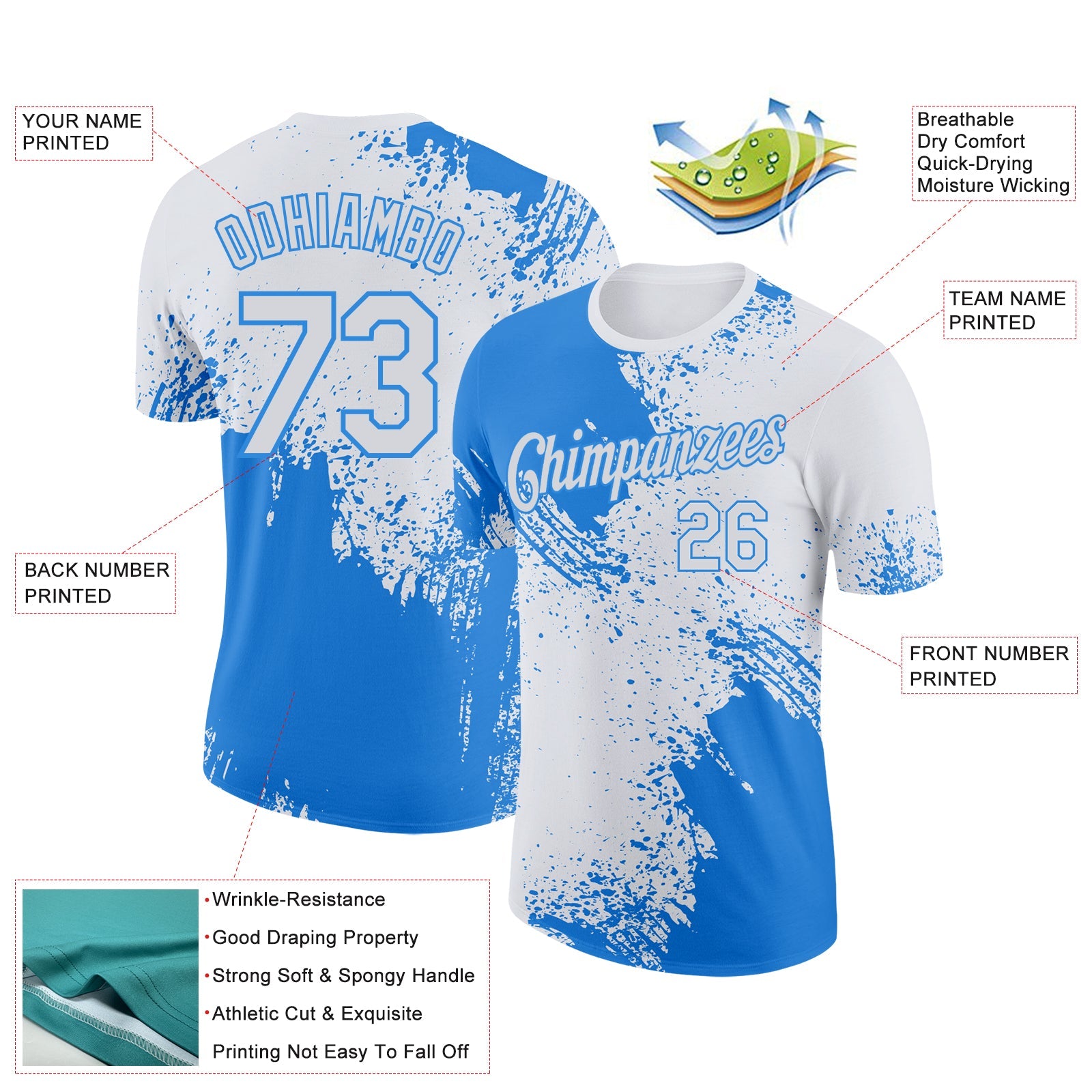 Custom White Powder Blue 3D Pattern Design Abstract Brush Stroke Performance T-Shirt view 2
