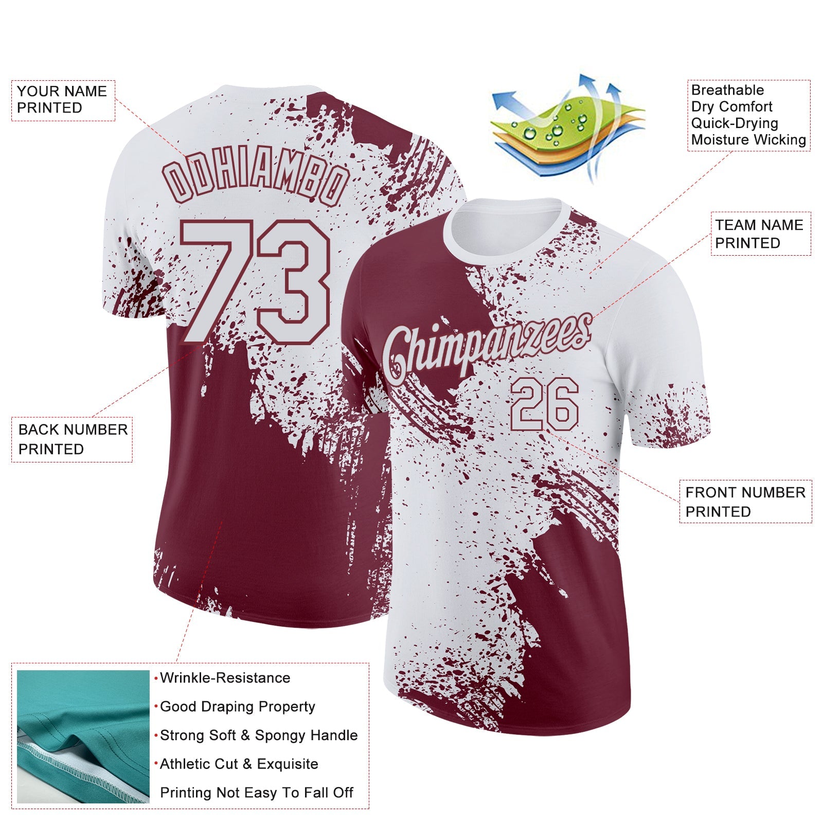 Custom White Burgundy 3D Pattern Design Abstract Brush Stroke Performance T-Shirt view 2