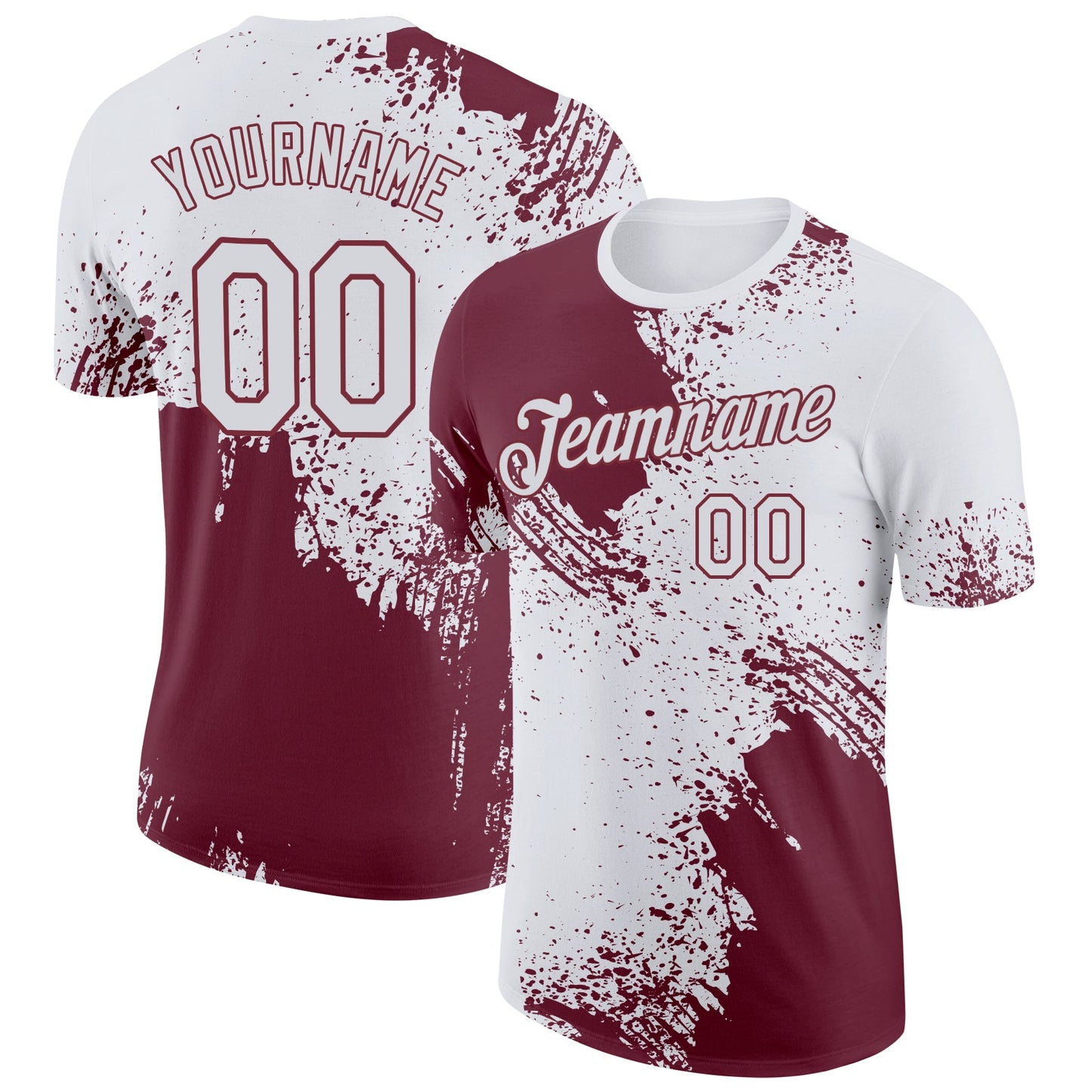Custom White Burgundy 3D Pattern Design Abstract Brush Stroke Performance T-Shirt - Main View