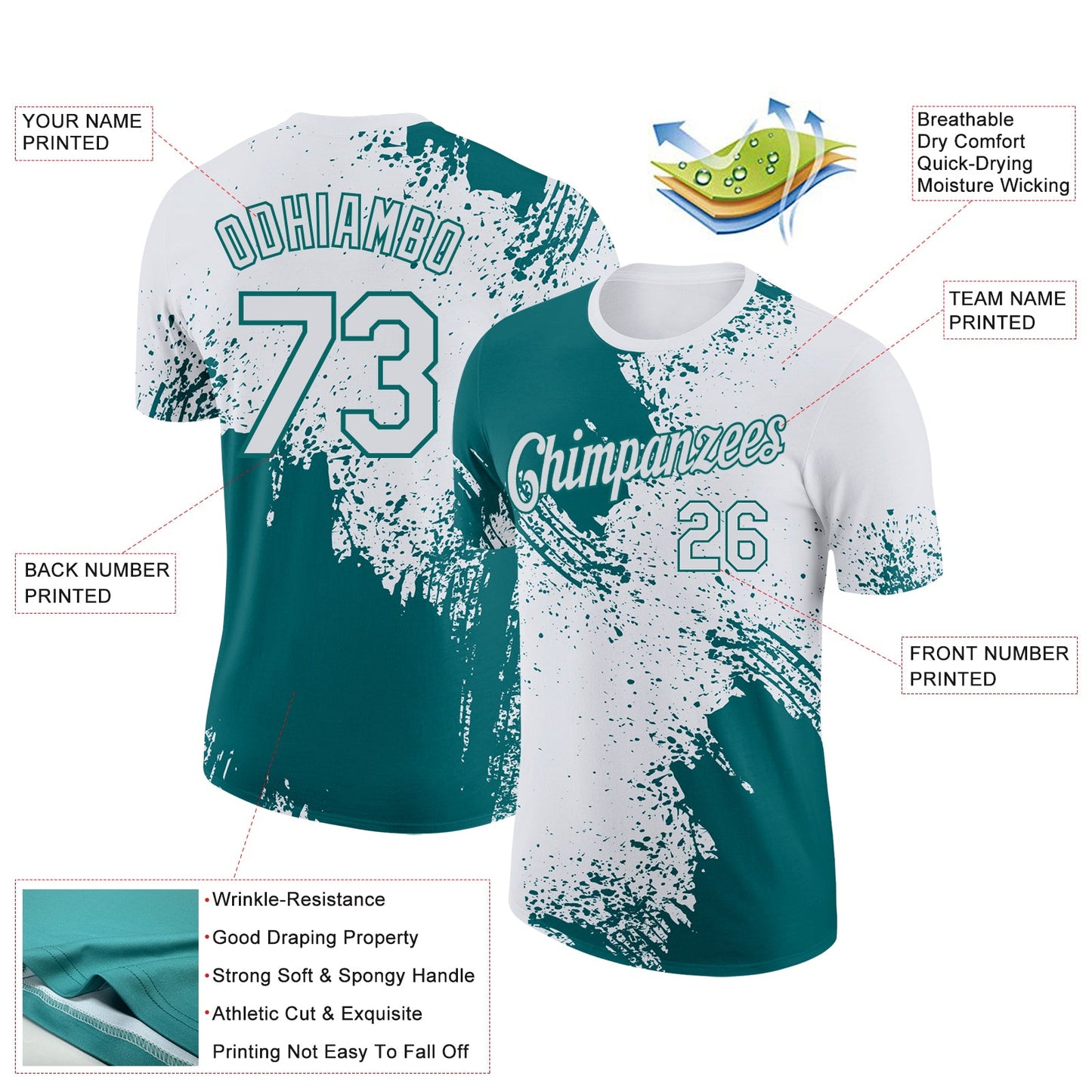 Custom White Teal 3D Pattern Design Abstract Brush Stroke Performance T-Shirt view 2