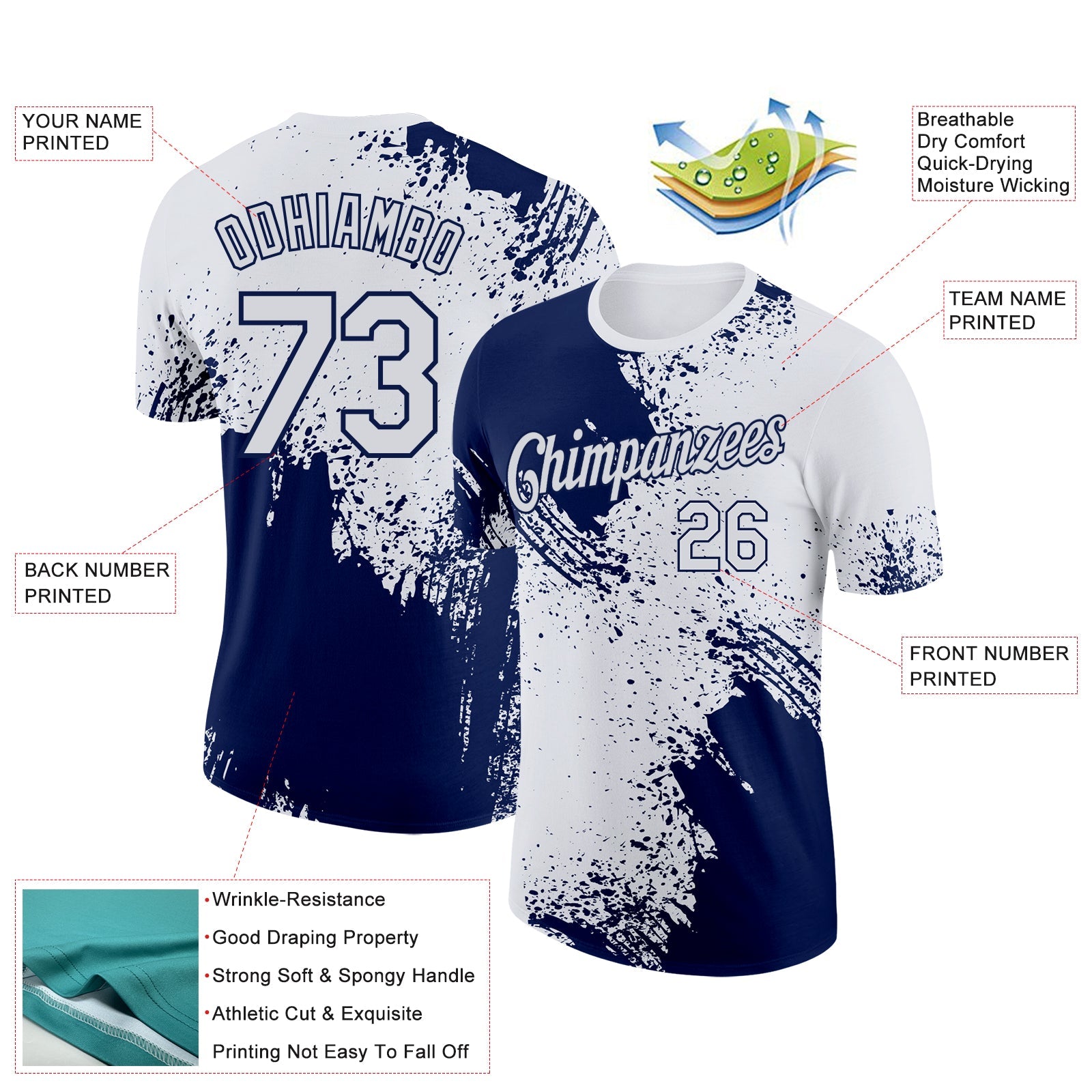 Custom White Navy 3D Pattern Design Abstract Brush Stroke Performance T-Shirt view 2