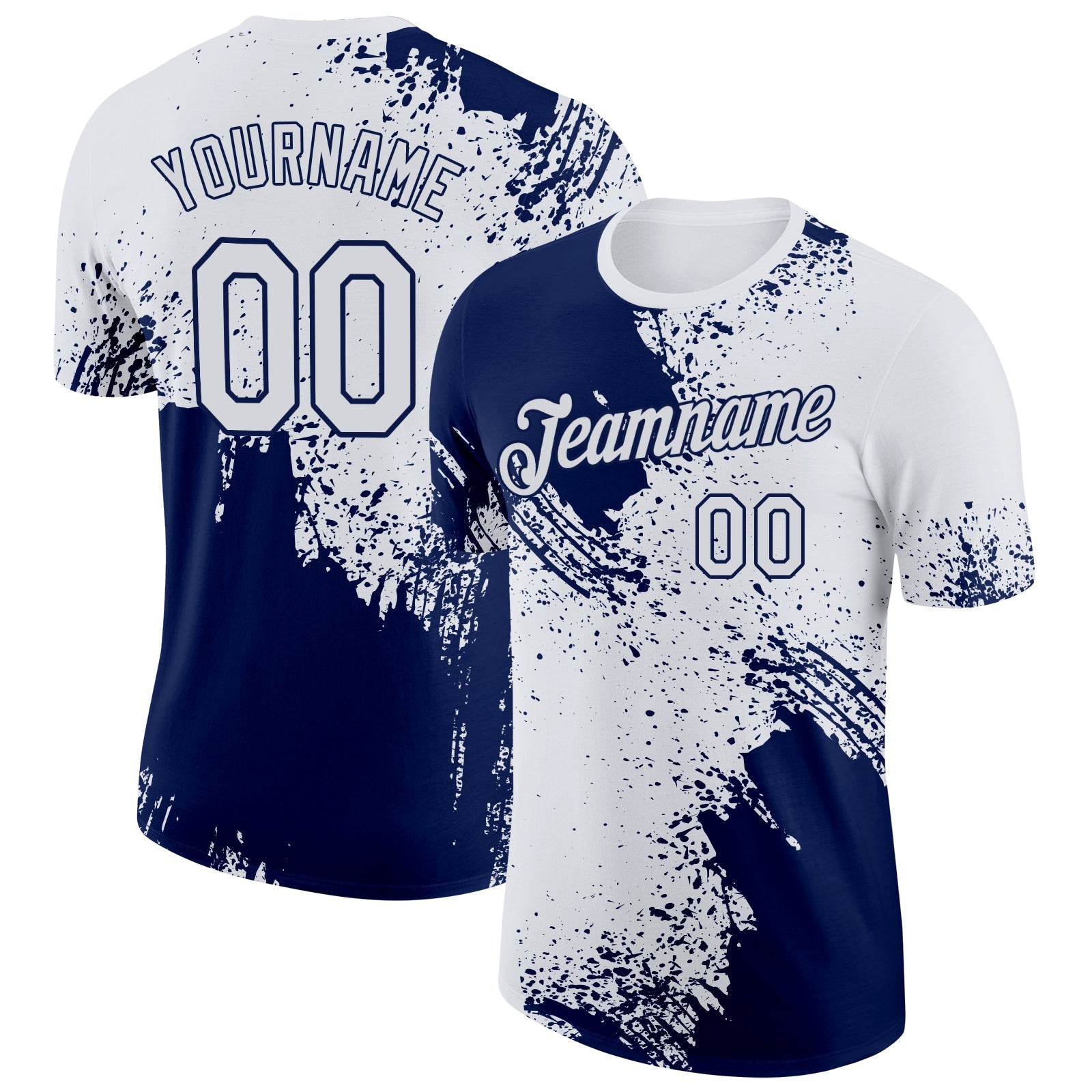 Custom White Navy 3D Pattern Design Abstract Brush Stroke Performance T-Shirt - Main View