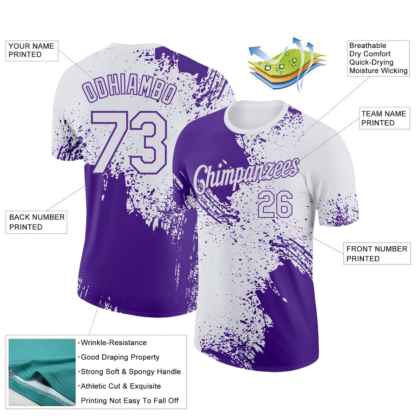 Custom White Purple 3D Pattern Design Abstract Brush Stroke Performance T-Shirt view 2