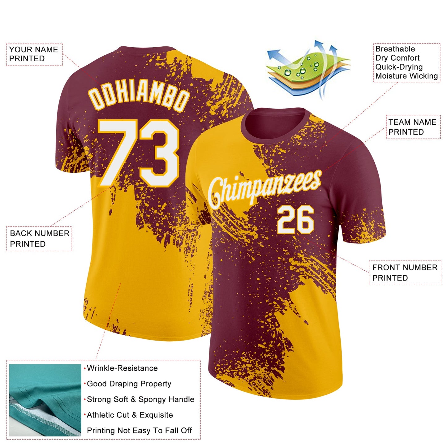 Custom Burgundy White-Gold 3D Pattern Design Abstract Brush Stroke Performance T-Shirt view 2