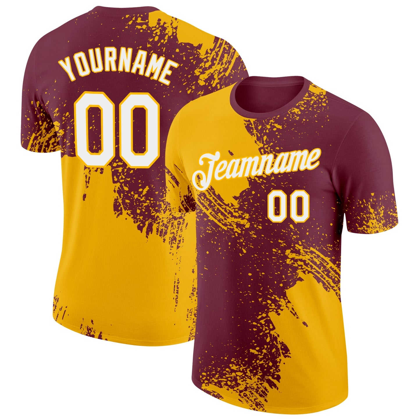 Custom Burgundy White-Gold 3D Pattern Design Abstract Brush Stroke Performance T-Shirt - Main View
