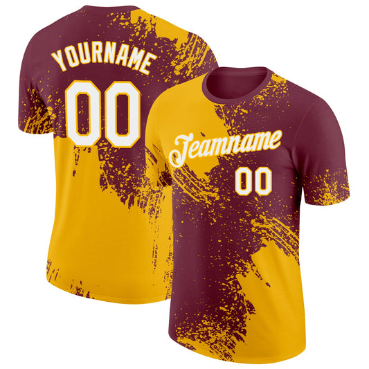 Custom Burgundy White-Gold 3D Pattern Design Abstract Brush Stroke Performance T-Shirt - Main View