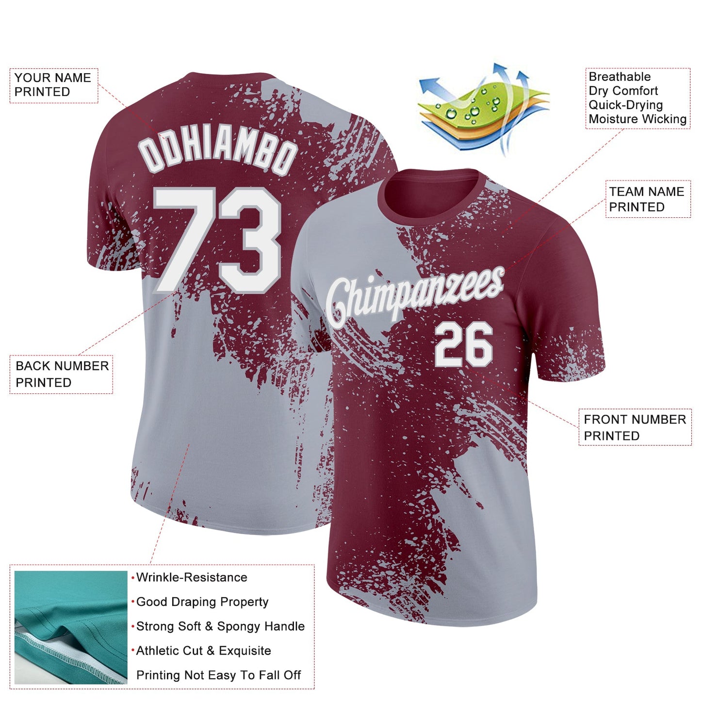 Custom Burgundy White-Gray 3D Pattern Design Abstract Brush Stroke Performance T-Shirt view 2