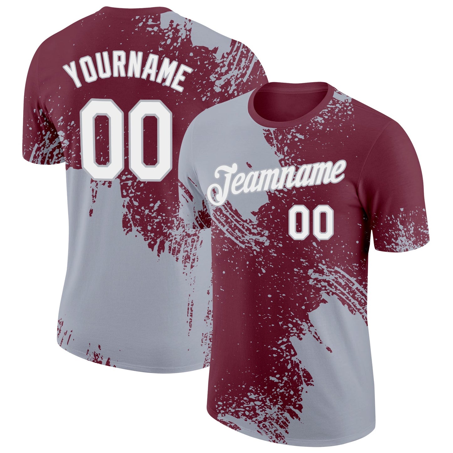 Custom Burgundy White-Gray 3D Pattern Design Abstract Brush Stroke Performance T-Shirt - Main View