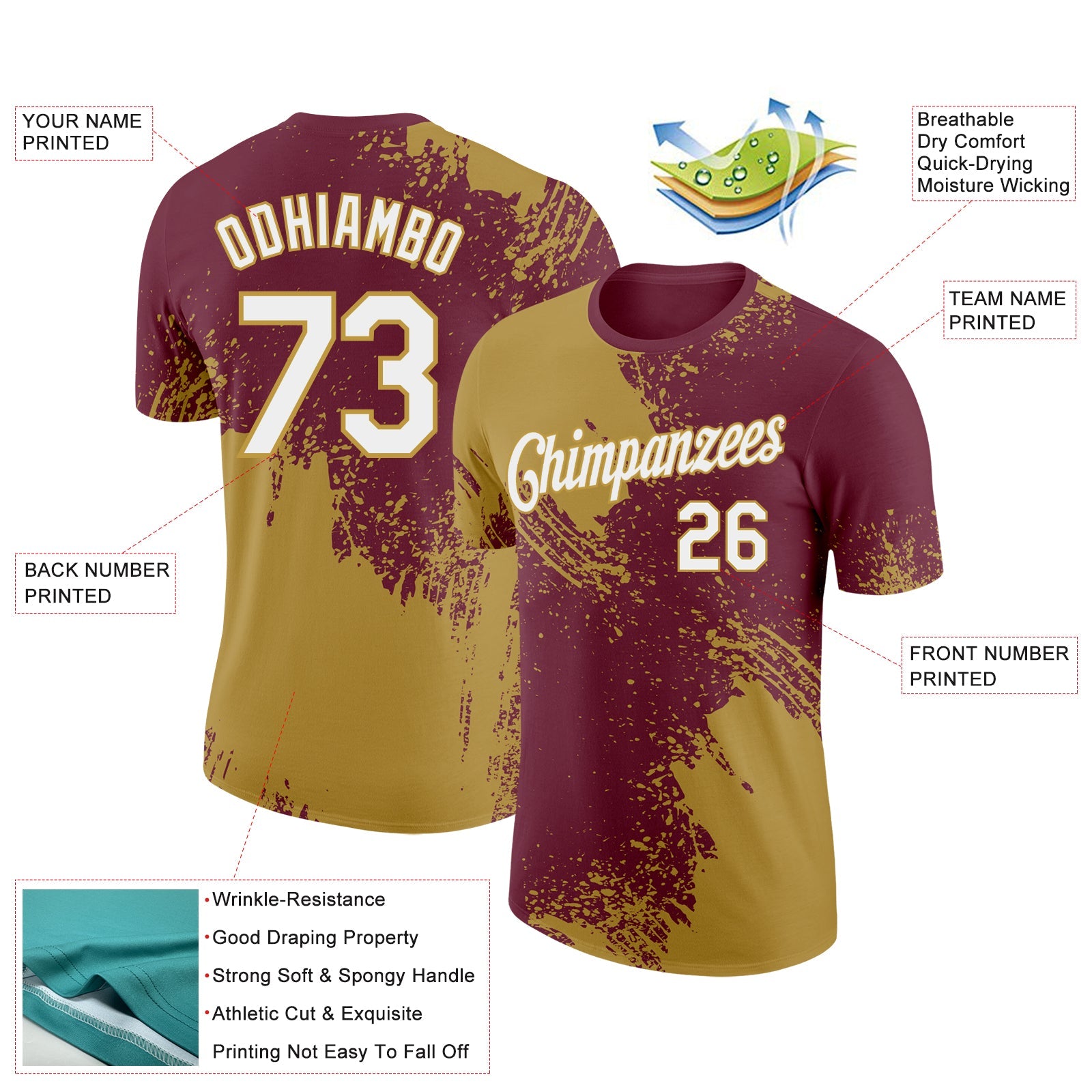 Custom Burgundy White-Old Gold 3D Pattern Design Abstract Brush Stroke Performance T-Shirt view 2
