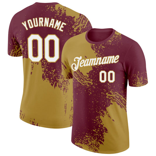 Custom Burgundy White-Old Gold 3D Pattern Design Abstract Brush Stroke Performance T-Shirt - Main View