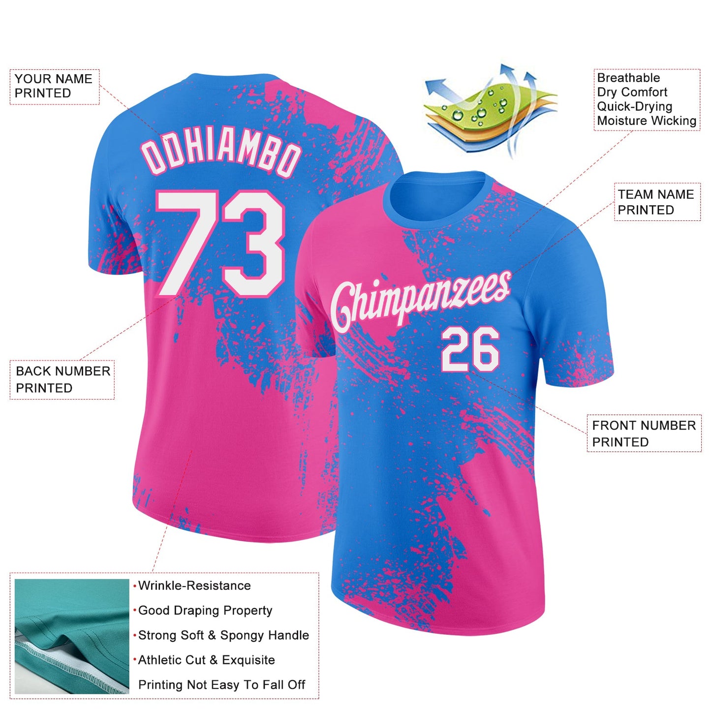 Custom Powder Blue White-Pink 3D Pattern Design Abstract Brush Stroke Performance T-Shirt view 2