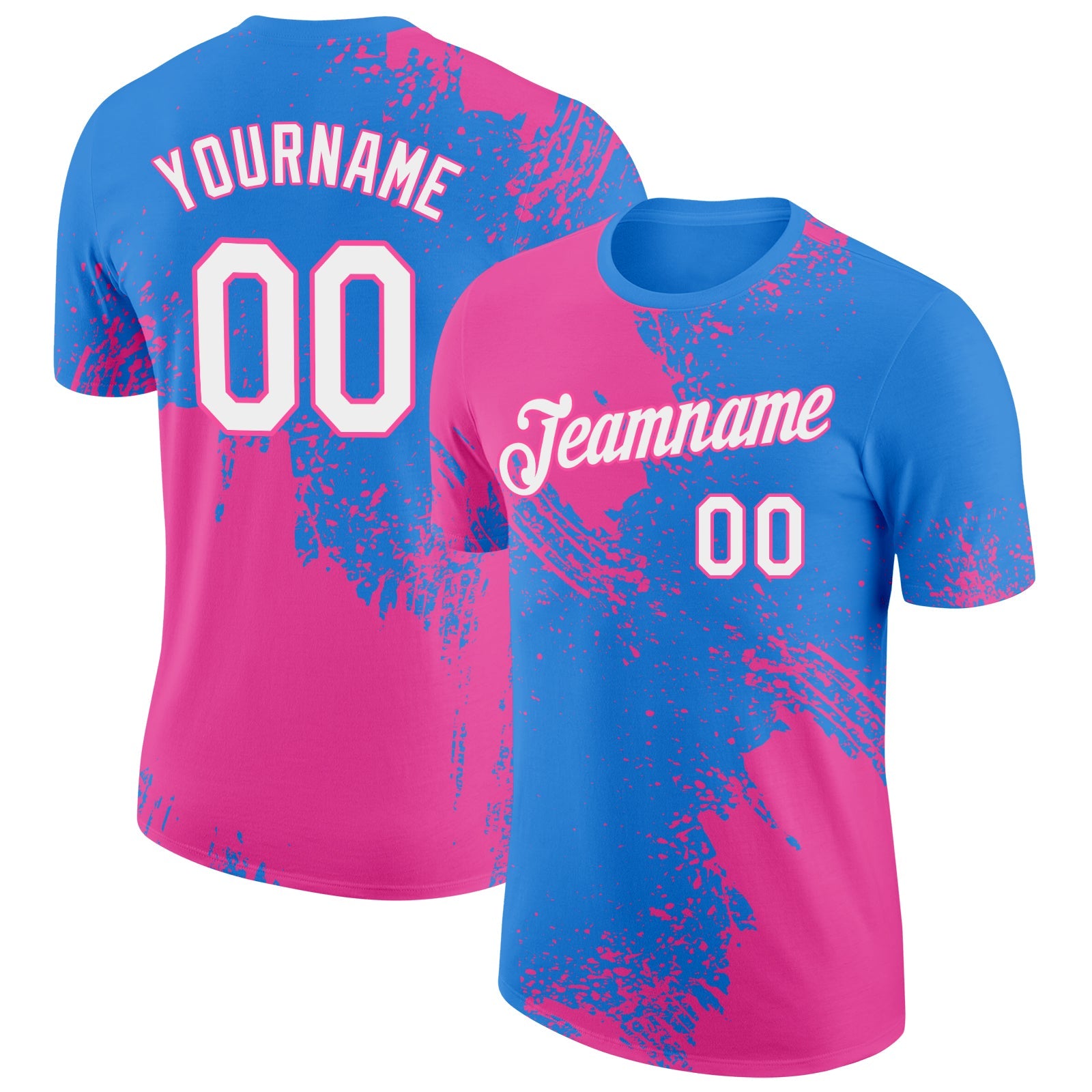 Custom Powder Blue White-Pink 3D Pattern Design Abstract Brush Stroke Performance T-Shirt - Main View
