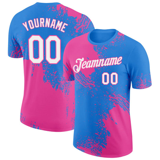 Custom Powder Blue White-Pink 3D Pattern Design Abstract Brush Stroke Performance T-Shirt - Main View