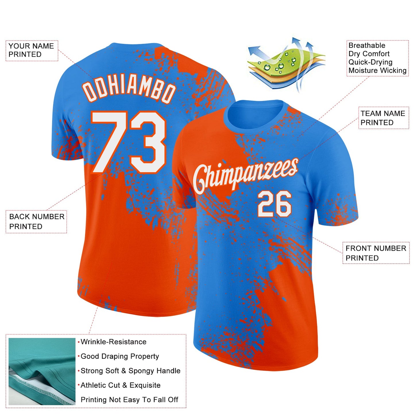 Custom Powder Blue White-Orange 3D Pattern Design Abstract Brush Stroke Performance T-Shirt view 2