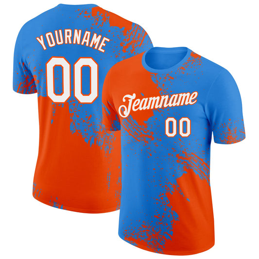 Custom Powder Blue White-Orange 3D Pattern Design Abstract Brush Stroke Performance T-Shirt - Main View