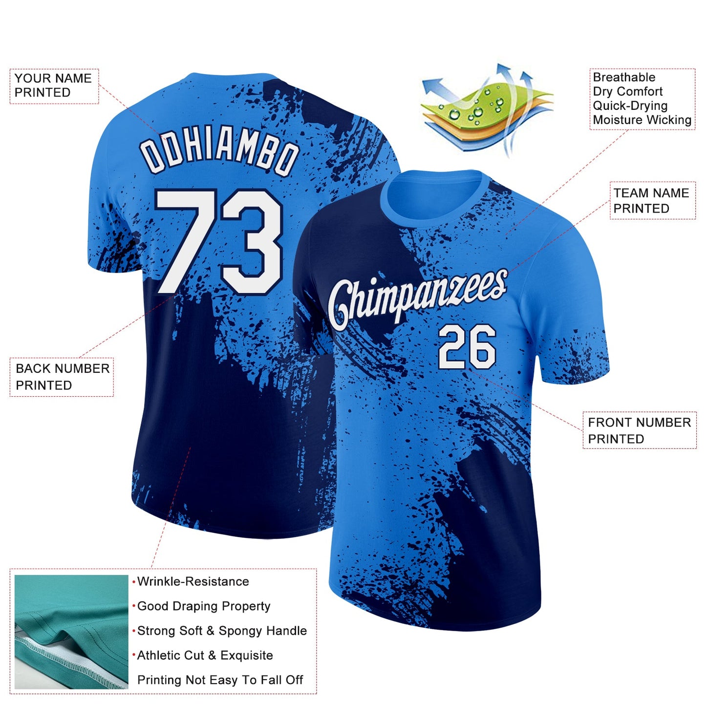 Custom Powder Blue White-Navy 3D Pattern Design Abstract Brush Stroke Performance T-Shirt view 2