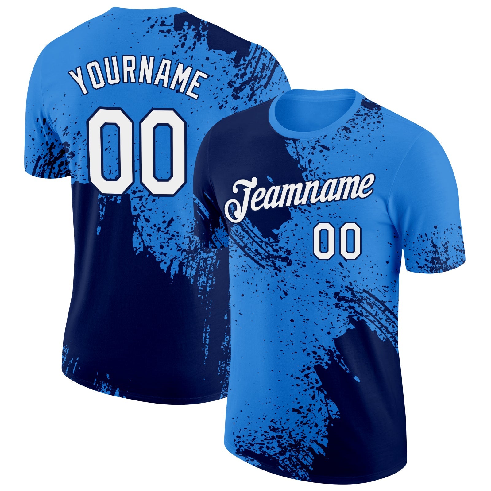 Custom Powder Blue White-Navy 3D Pattern Design Abstract Brush Stroke Performance T-Shirt - Main View