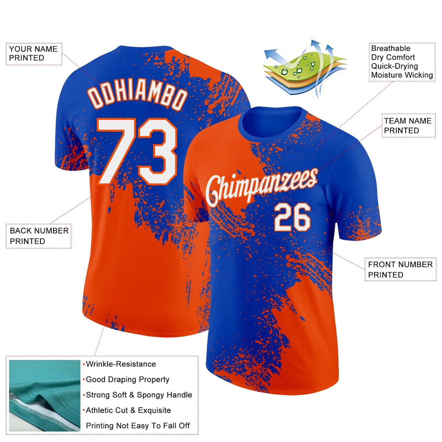 Custom Thunder Blue White-Orange 3D Pattern Design Abstract Brush Stroke Performance T-Shirt view 2