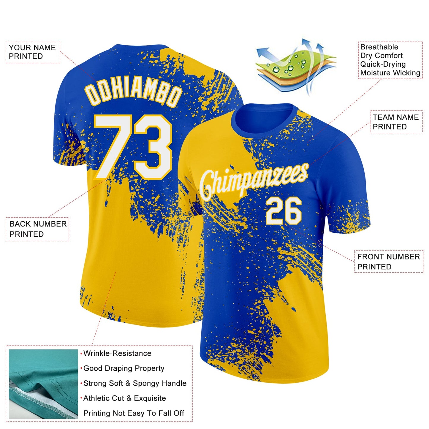 Custom Thunder Blue White-Yellow 3D Pattern Design Abstract Brush Stroke Performance T-Shirt view 2