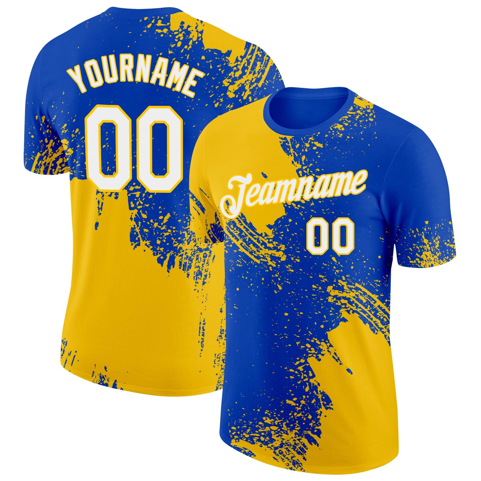 Custom Thunder Blue White-Yellow 3D Pattern Design Abstract Brush Stroke Performance T-Shirt - Main View