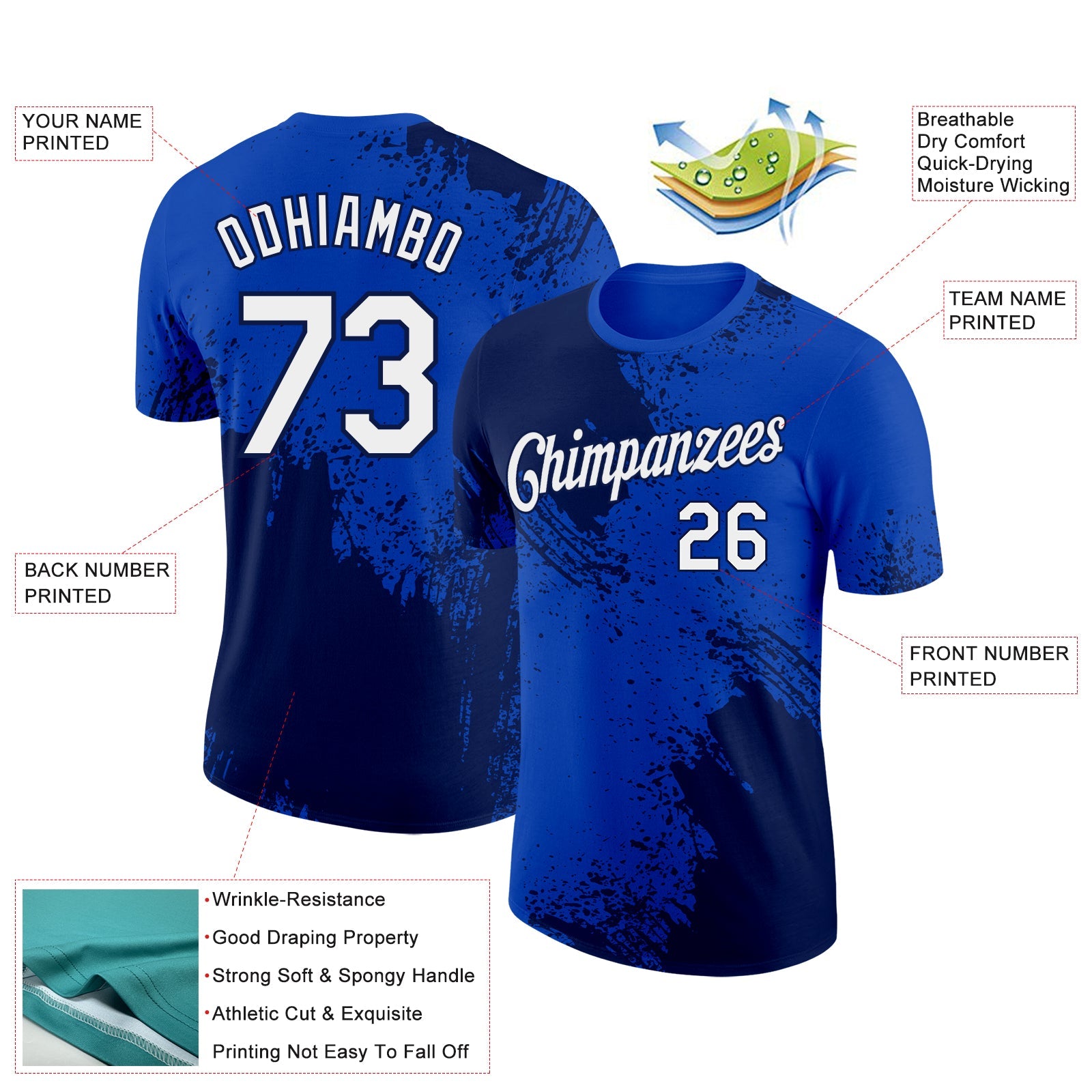 Custom Thunder Blue White-Navy 3D Pattern Design Abstract Brush Stroke Performance T-Shirt view 2