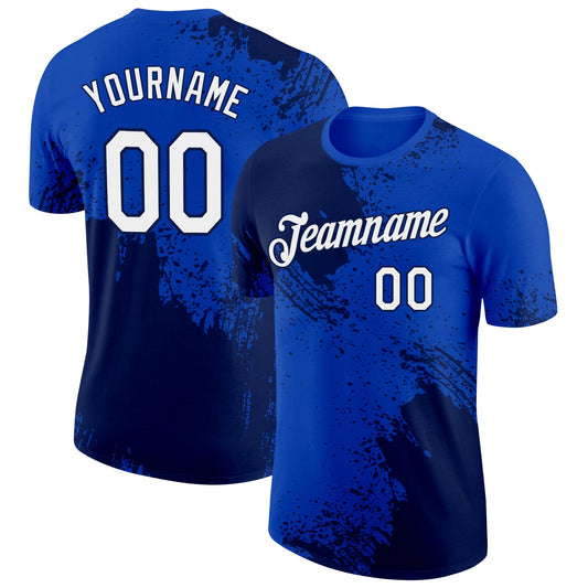 Custom Thunder Blue White-Navy 3D Pattern Design Abstract Brush Stroke Performance T-Shirt - Main View