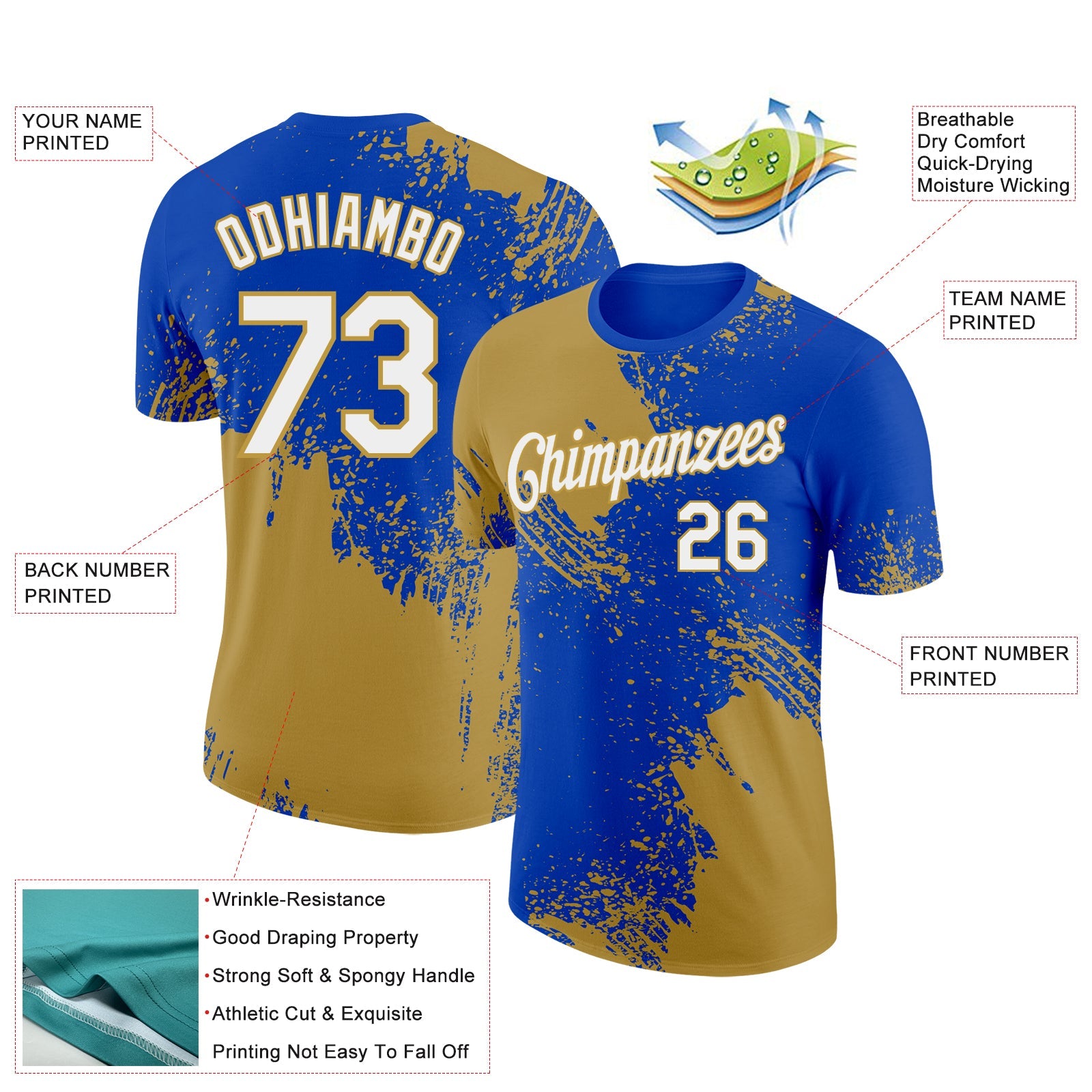 Custom Thunder Blue White-Old Gold 3D Pattern Design Abstract Brush Stroke Performance T-Shirt view 2