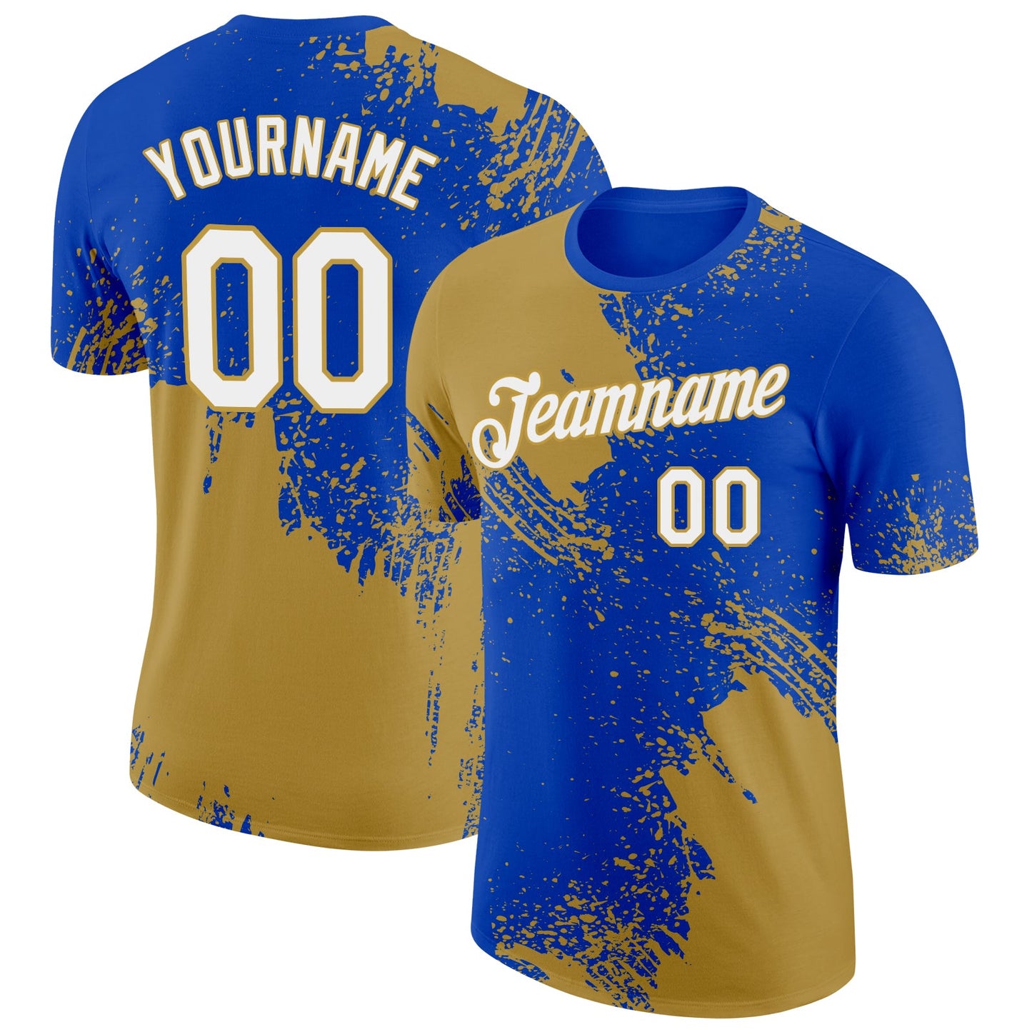 Custom Thunder Blue White-Old Gold 3D Pattern Design Abstract Brush Stroke Performance T-Shirt - Main View