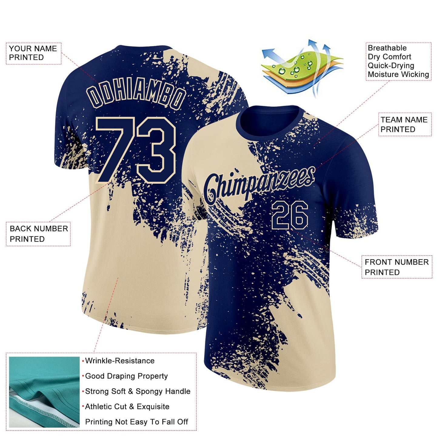 Custom Navy Cream 3D Pattern Design Abstract Brush Stroke Performance T-Shirt view 2