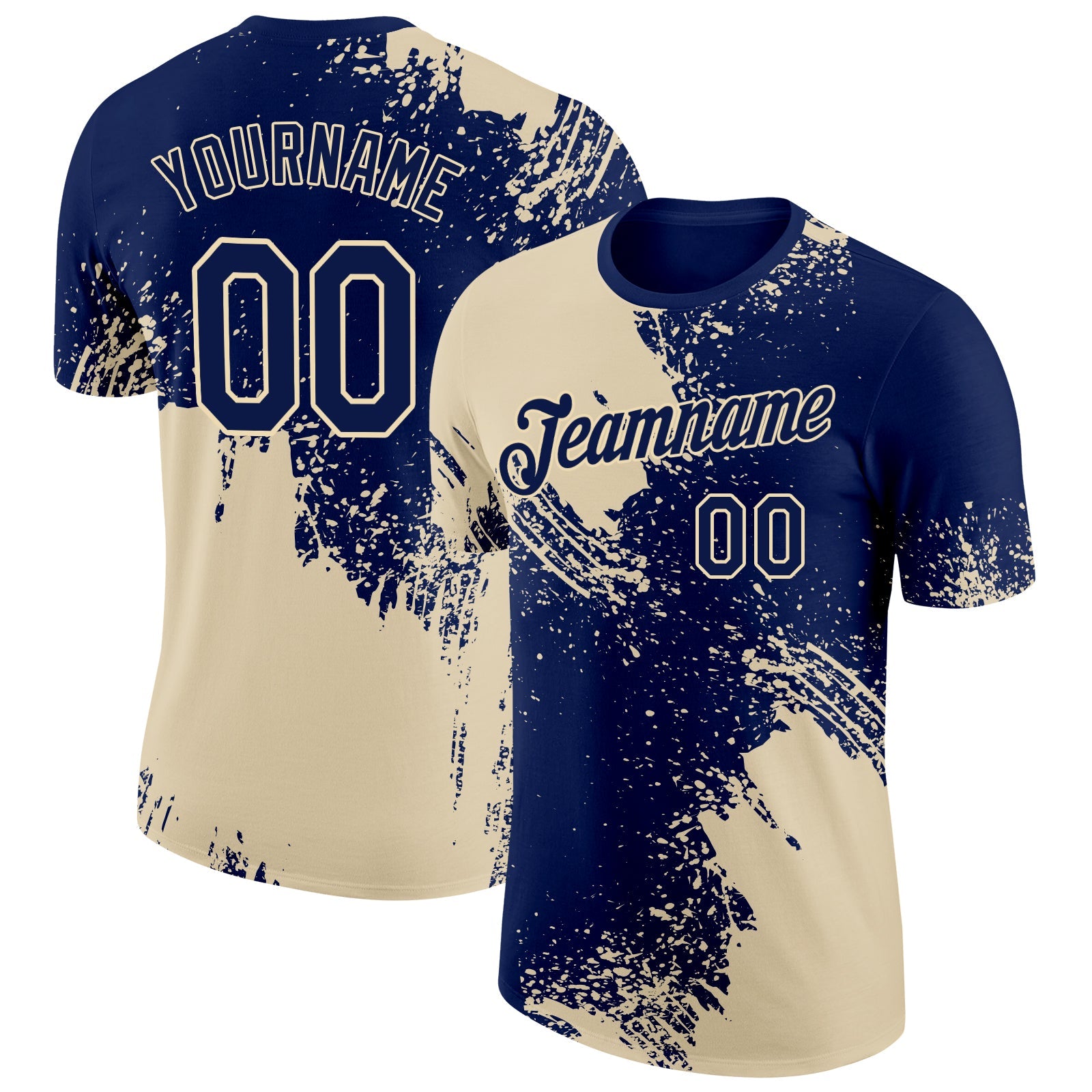 Custom Navy Cream 3D Pattern Design Abstract Brush Stroke Performance T-Shirt - Main View