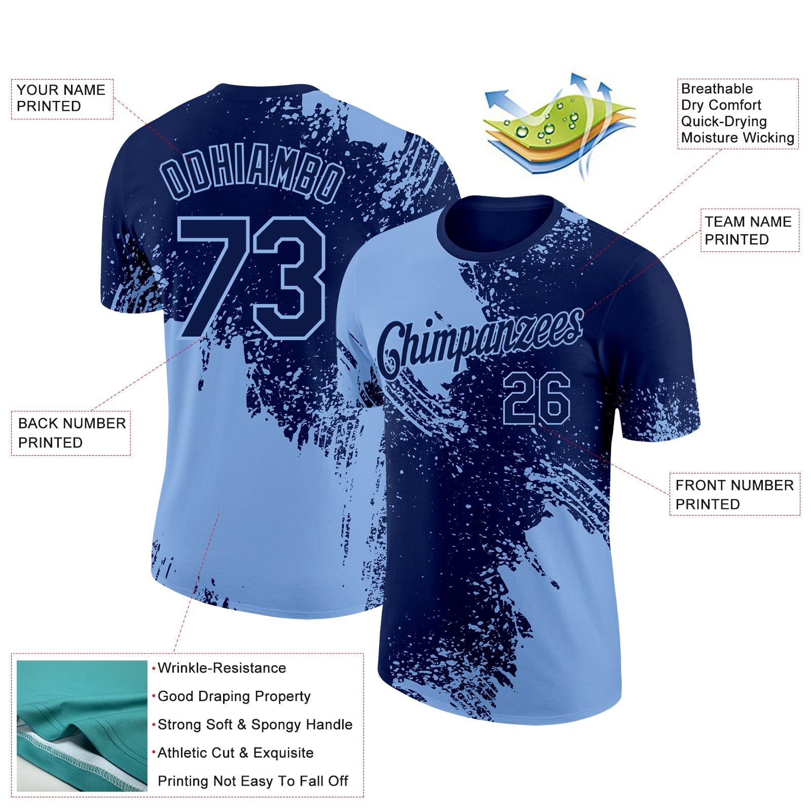 Custom Navy Light Blue 3D Pattern Design Abstract Brush Stroke Performance T-Shirt view 2