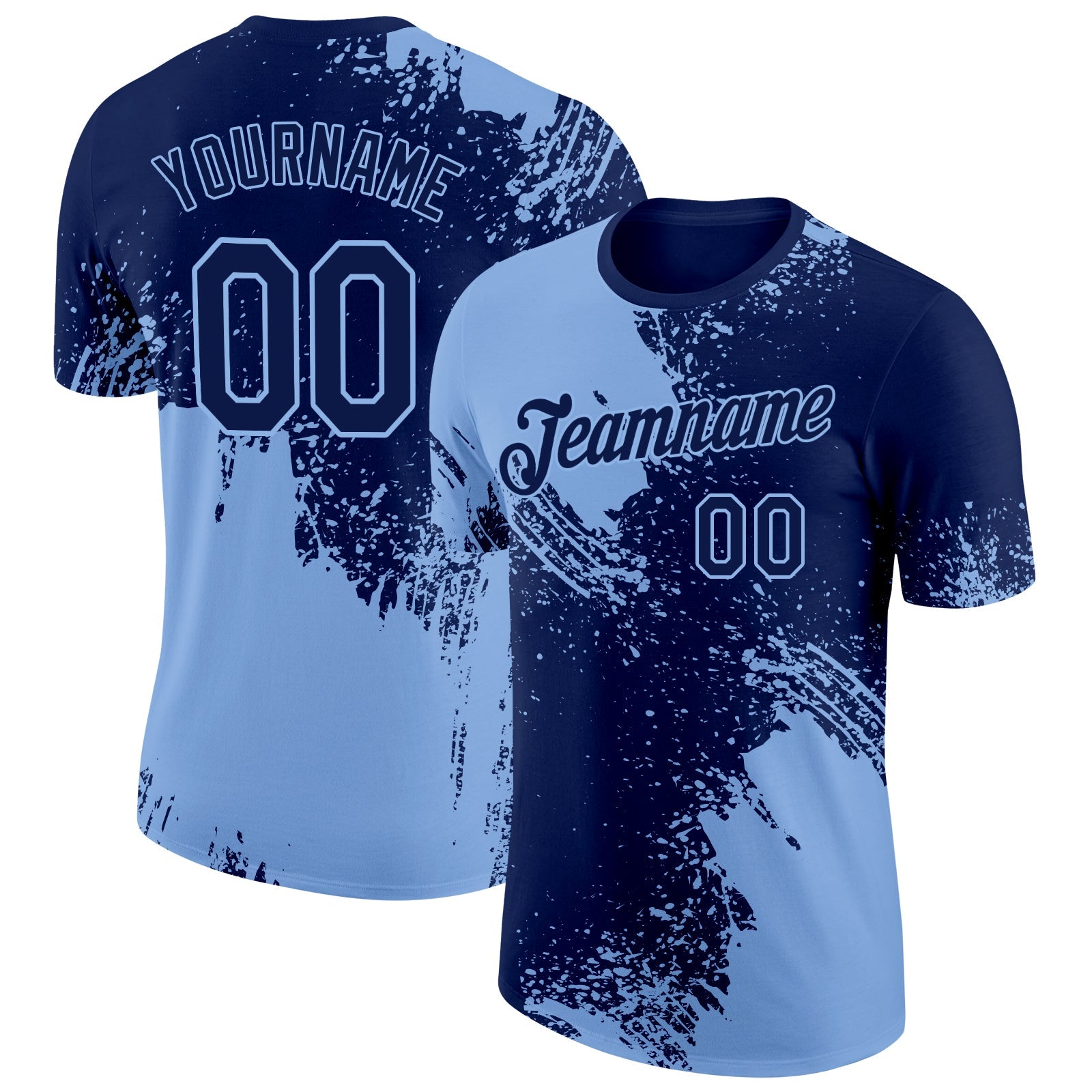Custom Navy Light Blue 3D Pattern Design Abstract Brush Stroke Performance T-Shirt - Main View