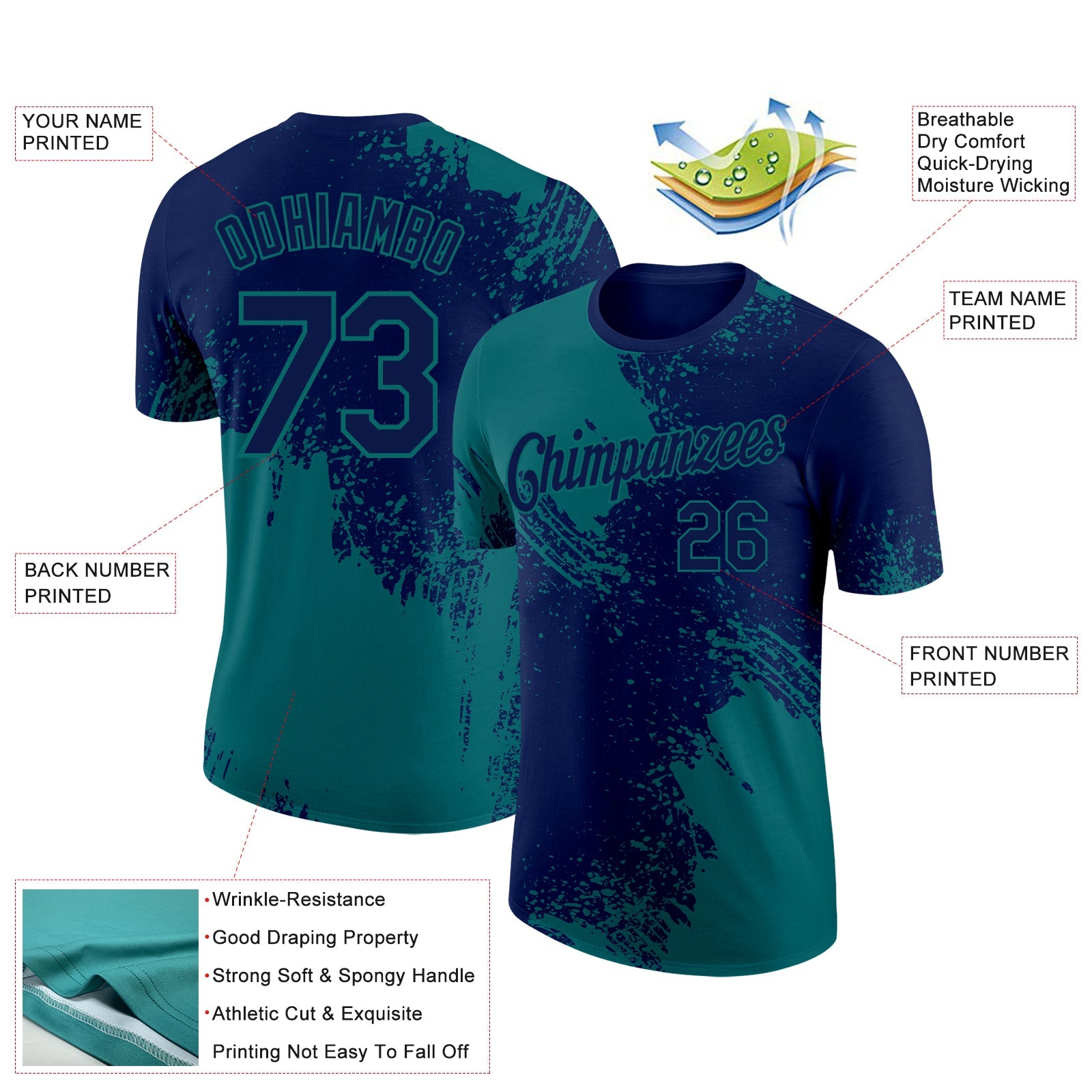 Custom Navy Teal 3D Pattern Design Abstract Brush Stroke Performance T-Shirt view 2
