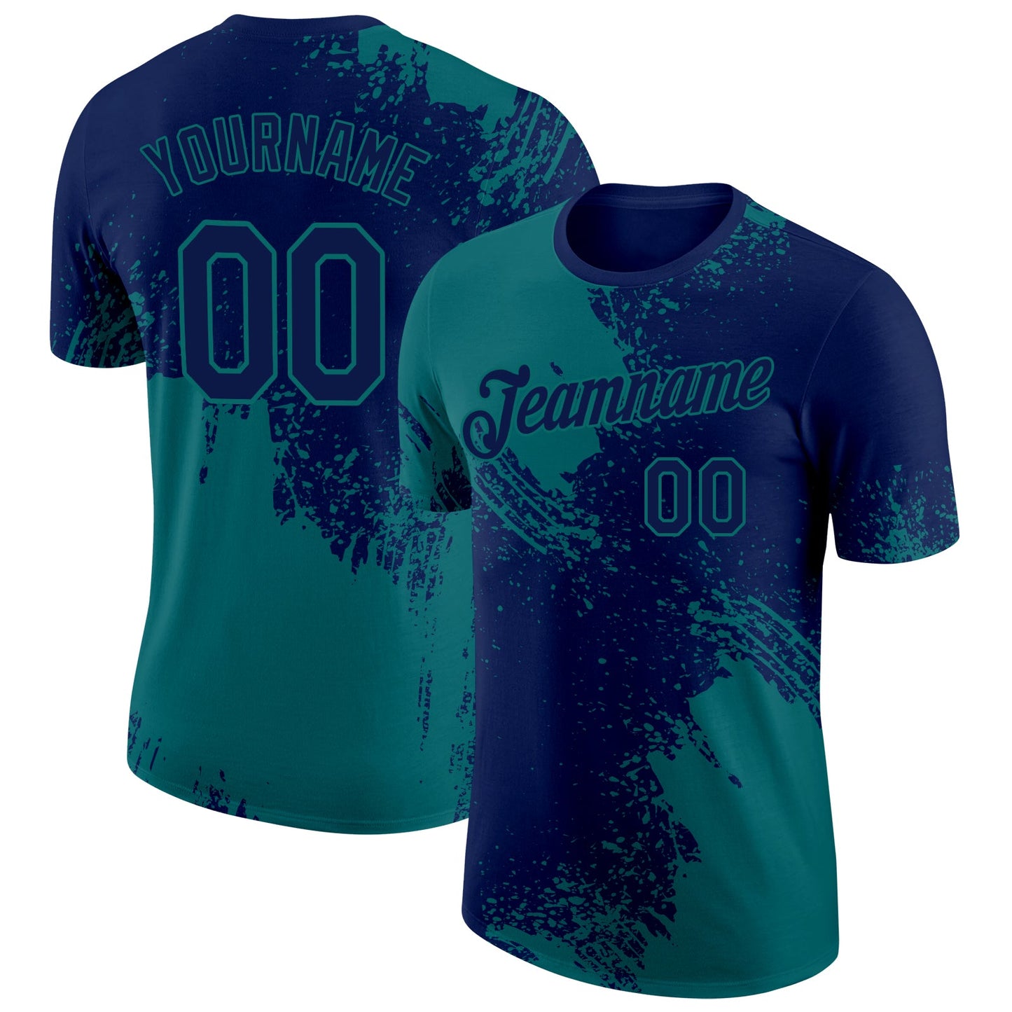 Custom Navy Teal 3D Pattern Design Abstract Brush Stroke Performance T-Shirt - Main View