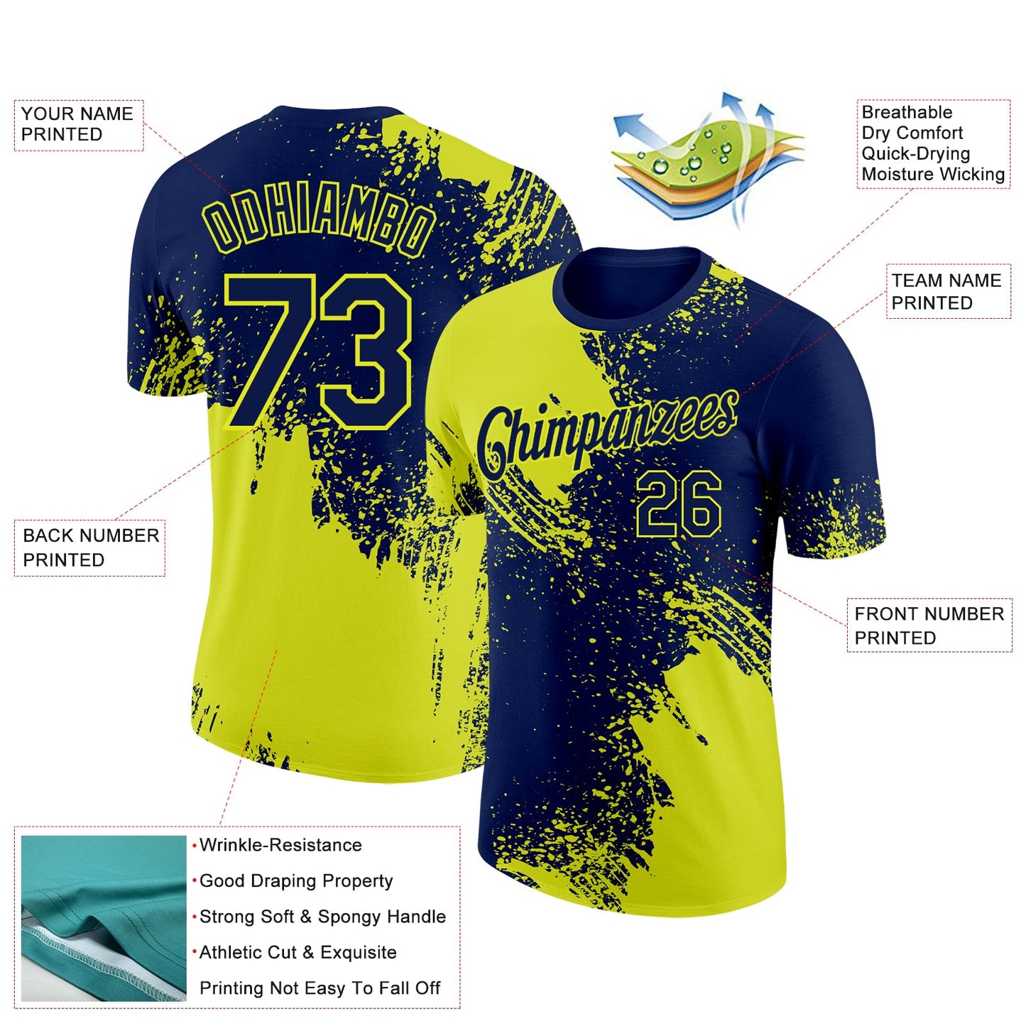 Custom Navy Neon Yellow 3D Pattern Design Abstract Brush Stroke Performance T-Shirt view 2