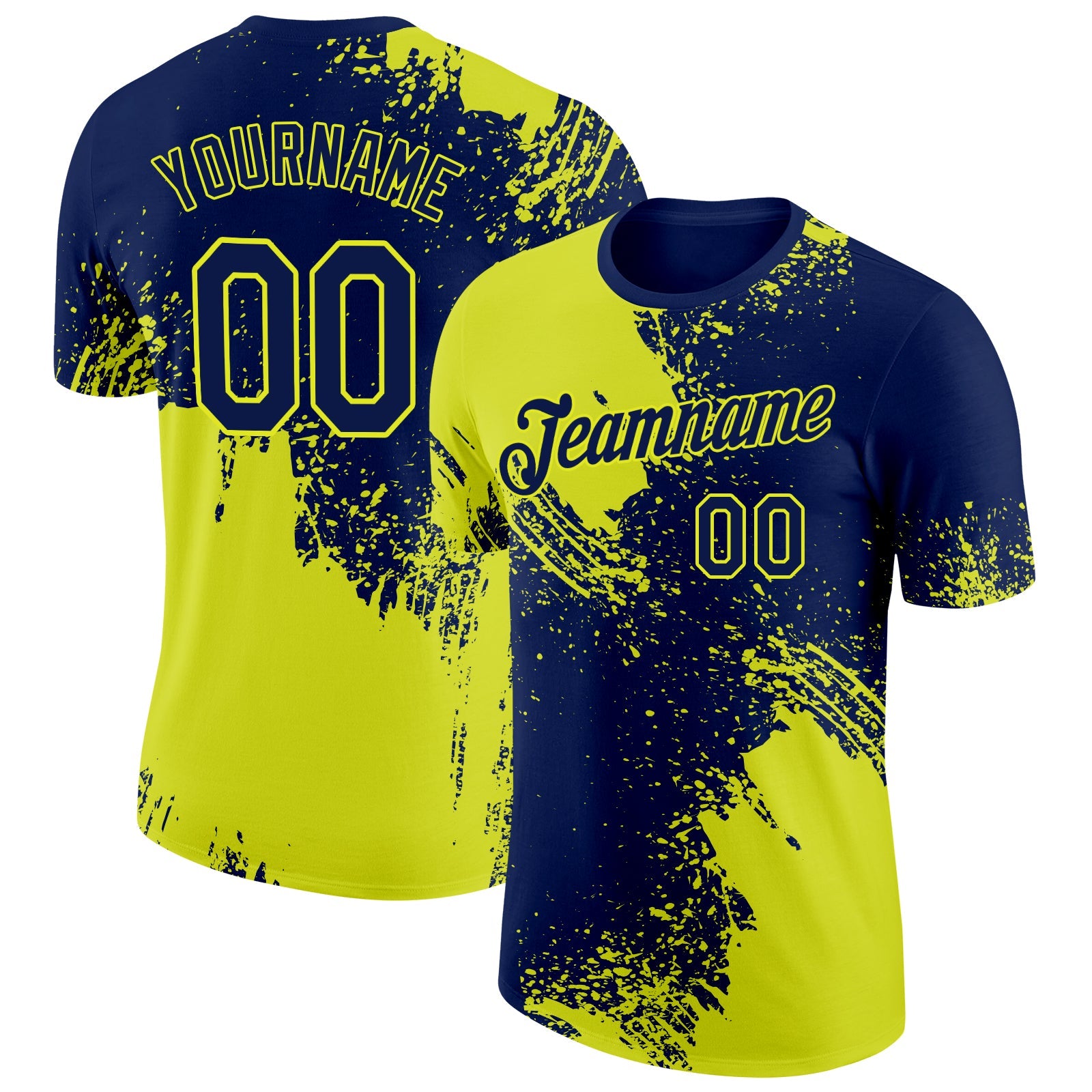 Custom Navy Neon Yellow 3D Pattern Design Abstract Brush Stroke Performance T-Shirt - Main View