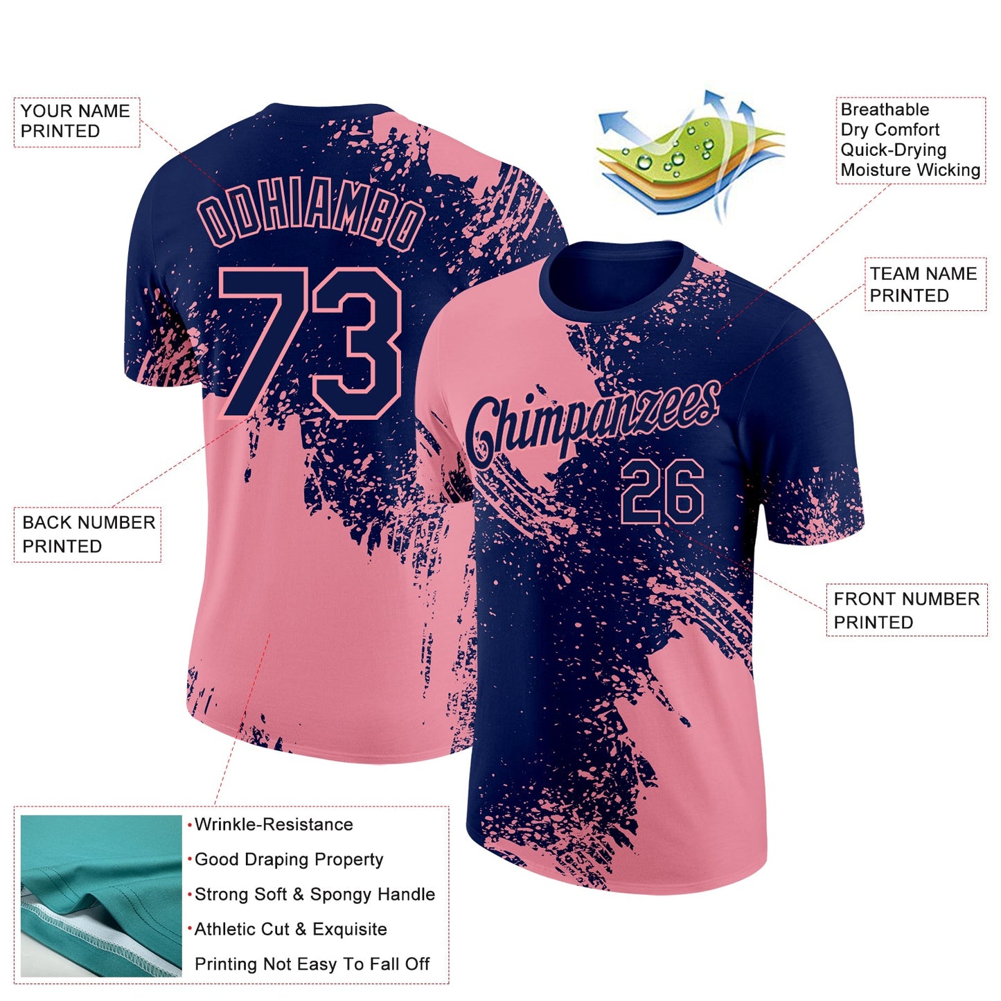 Custom Navy Medium Pink 3D Pattern Design Abstract Brush Stroke Performance T-Shirt view 2