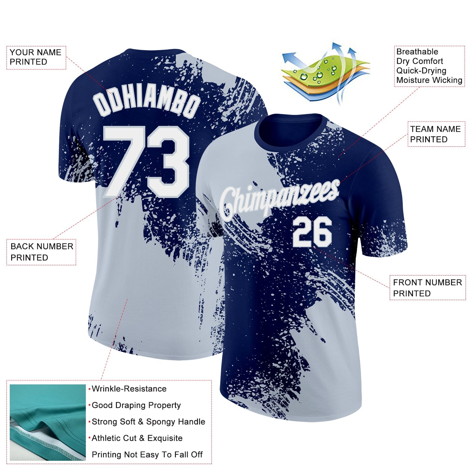 Custom Navy White-Silver 3D Pattern Design Abstract Brush Stroke Performance T-Shirt view 2