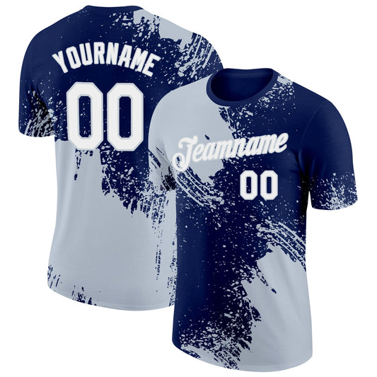 Custom Navy White-Silver 3D Pattern Design Abstract Brush Stroke Performance T-Shirt - Main View