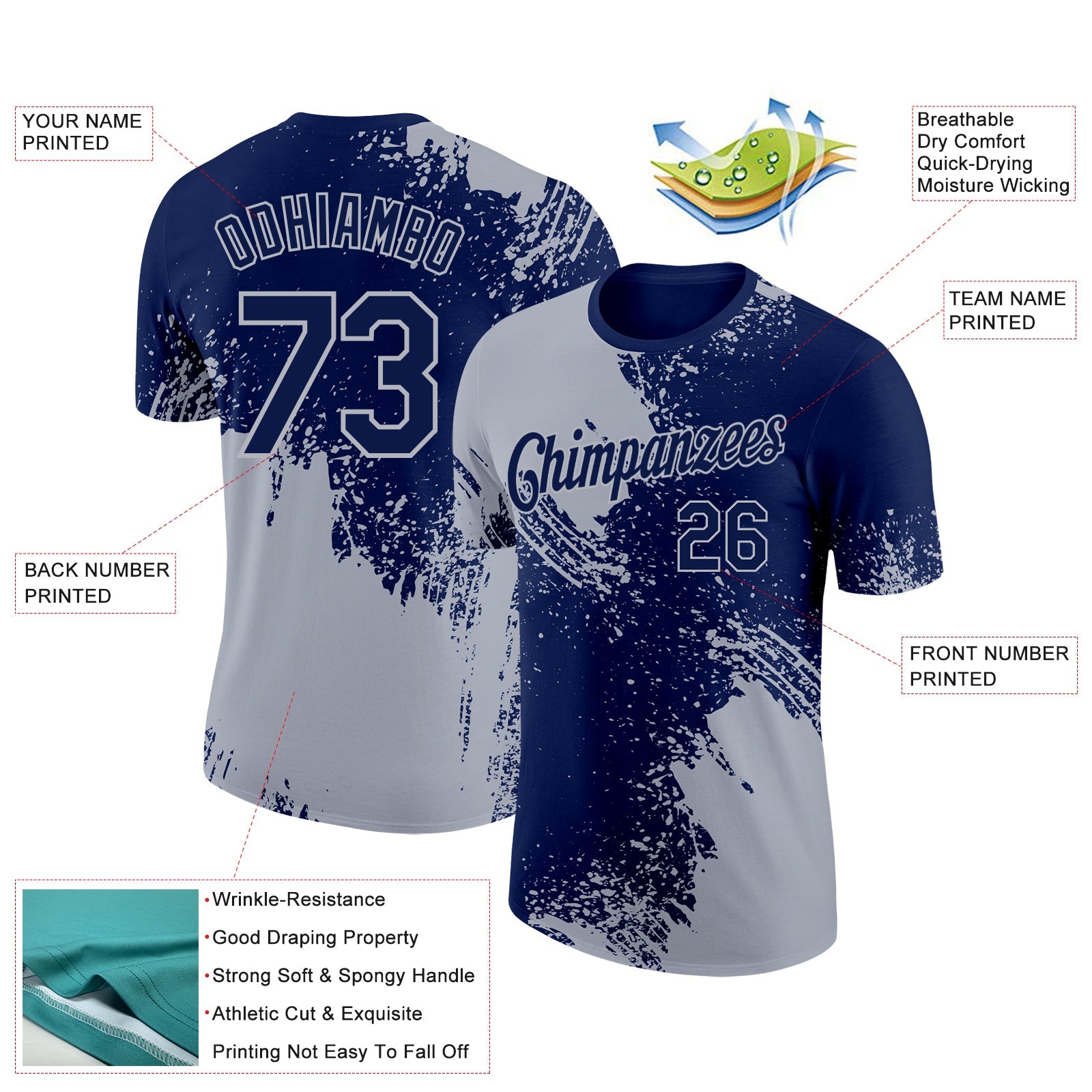 Custom Navy Gray 3D Pattern Design Abstract Brush Stroke Performance T-Shirt view 2