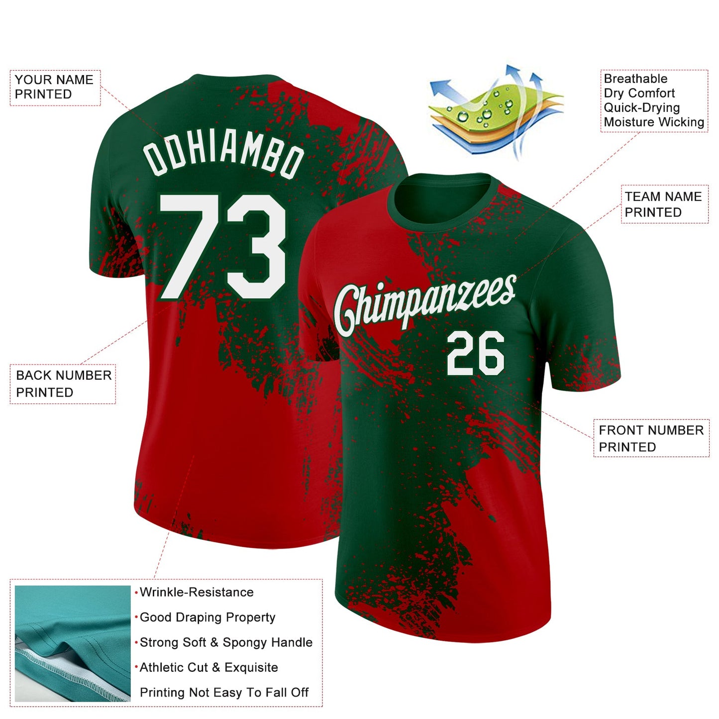 Custom Green White-Red 3D Pattern Design Abstract Brush Stroke Performance T-Shirt view 2