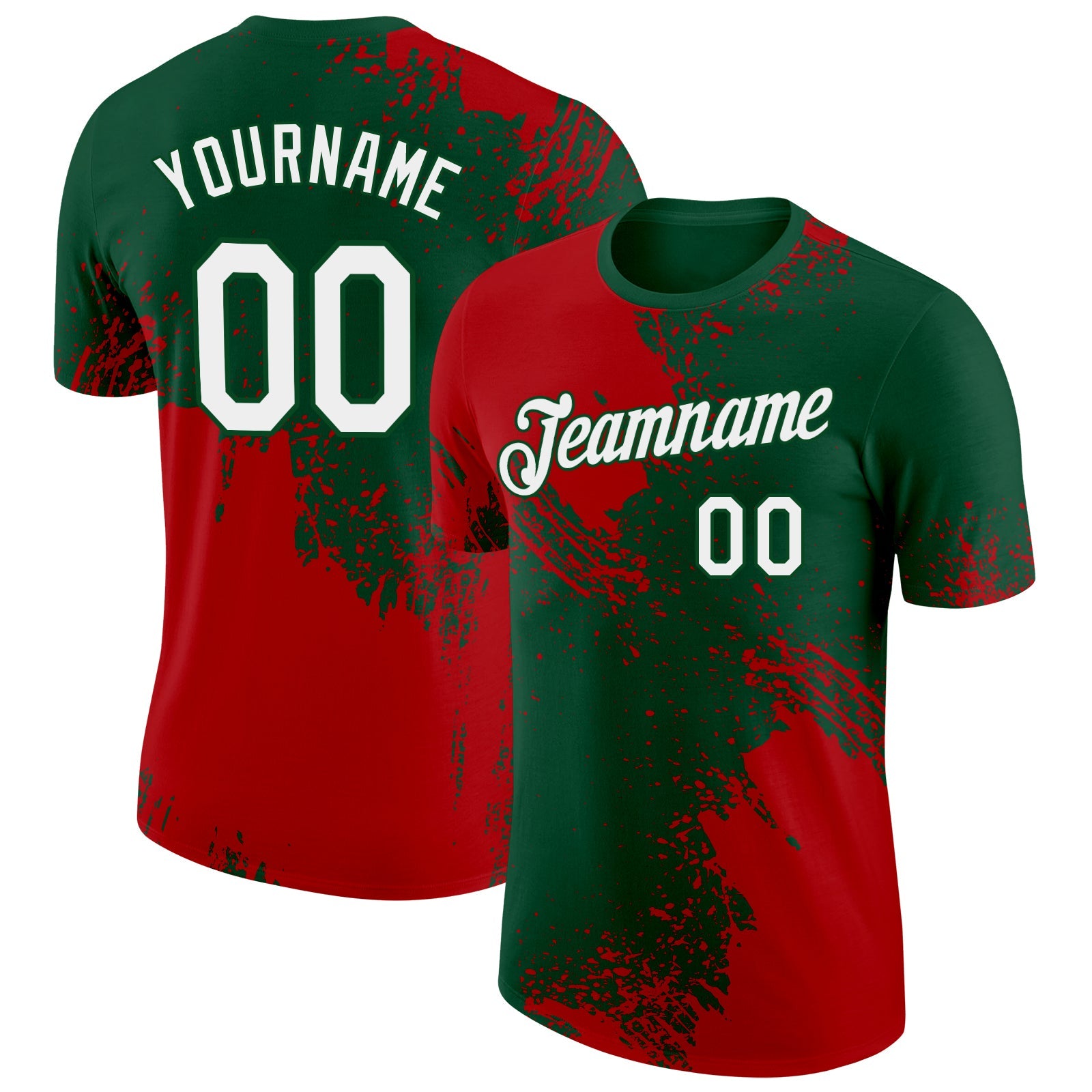 Custom Green White-Red 3D Pattern Design Abstract Brush Stroke Performance T-Shirt - Main View