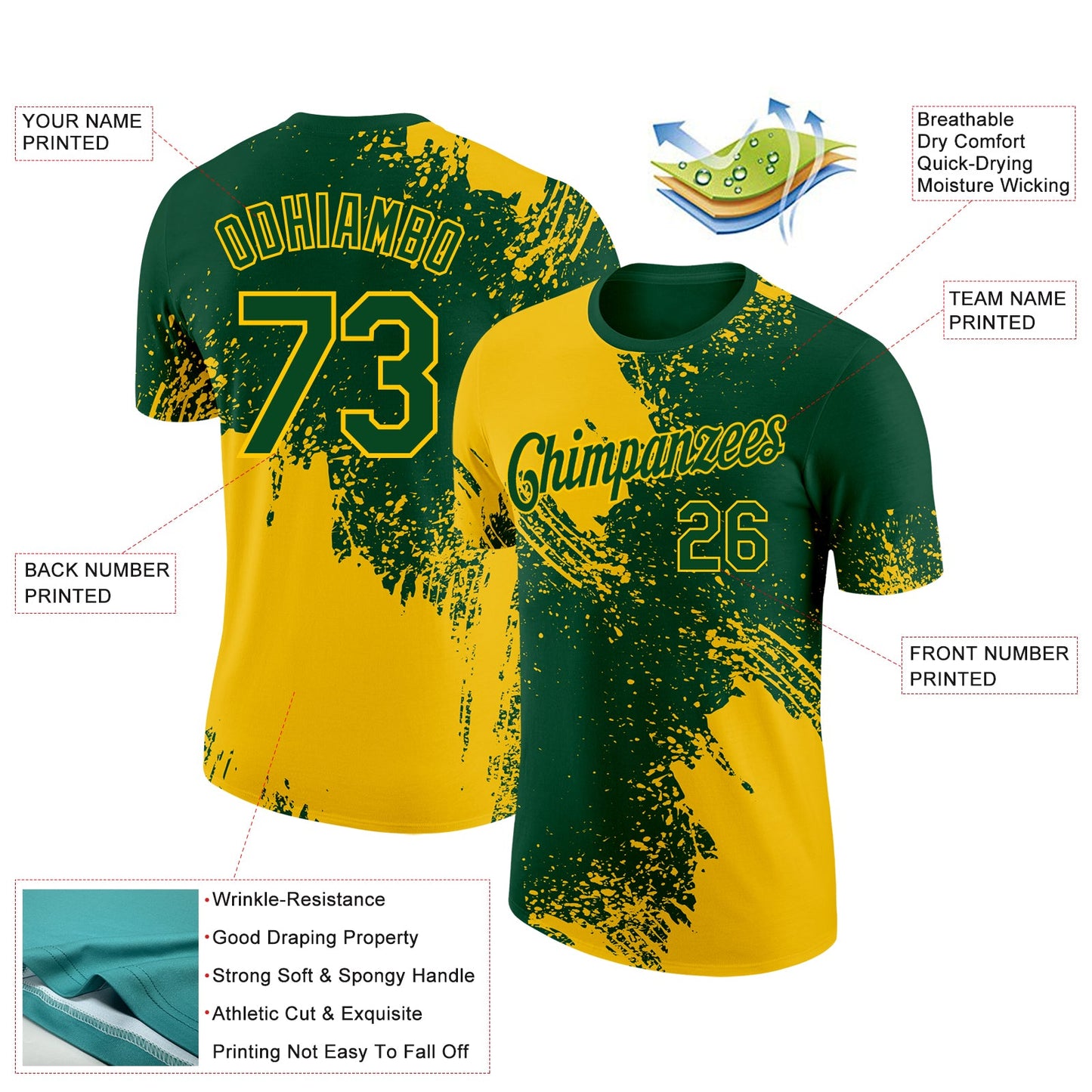 Custom Green Yellow 3D Pattern Design Abstract Brush Stroke Performance T-Shirt view 2