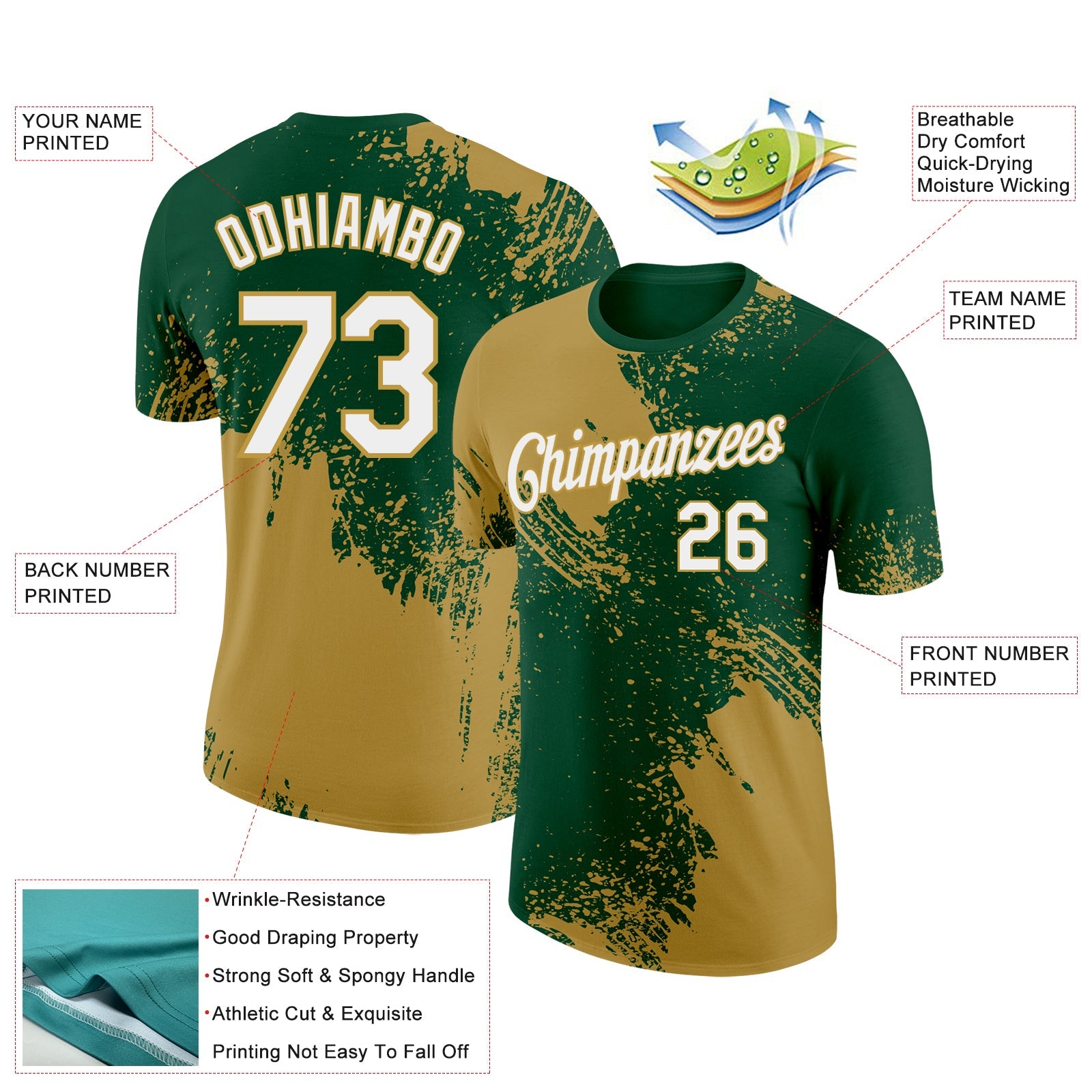 Custom Green White-Old Gold 3D Pattern Design Abstract Brush Stroke Performance T-Shirt view 2