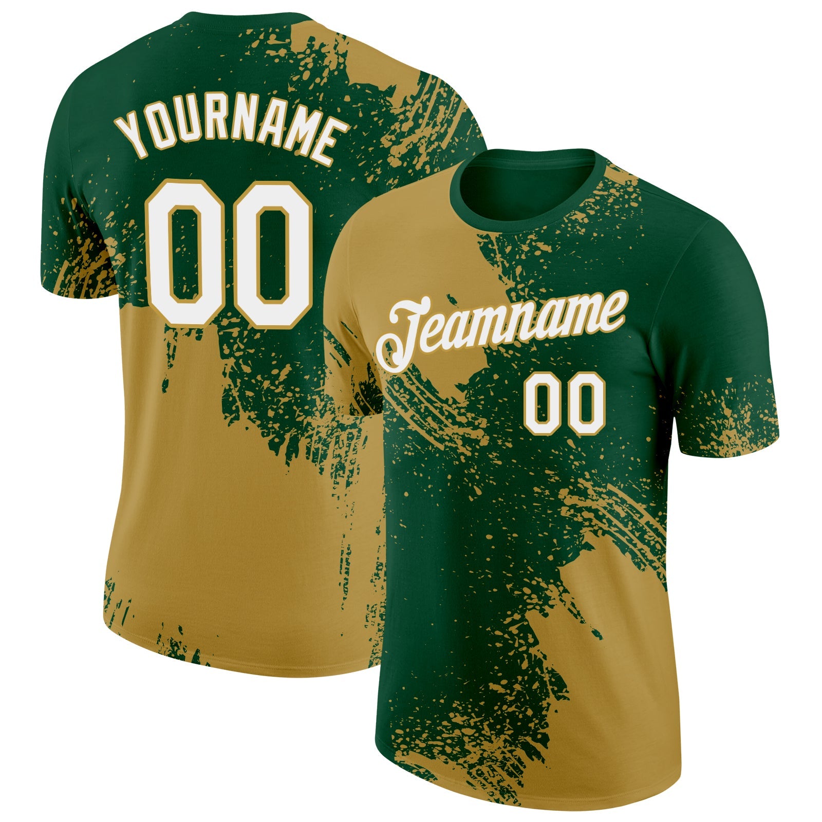 Custom Green White-Old Gold 3D Pattern Design Abstract Brush Stroke Performance T-Shirt - Main View